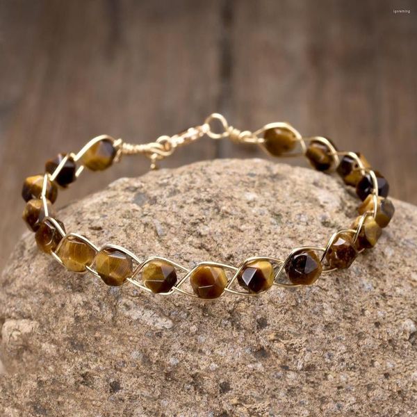 Brazalete 6mm Natural Yellow Tiger Eyes Stone Alambre de cobre Pulseras tejidas hechas a mano Mujeres Healing Yoga Brazaletes espirituales