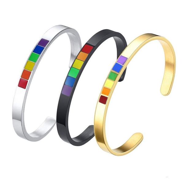 Bracelet 6Mm Rainbow Color Manchette Bracelets Pour Hommes Femmes Bijoux En Acier Inoxydable Lesbian Gay Pride Bracelet En Métal Rose Lgbt Stripe Cadeau Dhwpv