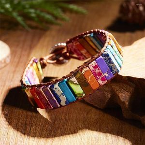 Bracelet 6pcs 7 chakra bijoux de travail manuel multicolour empereur en pierre perles de tube en cuir bracelet couples créatifs cadeaux gratuitement