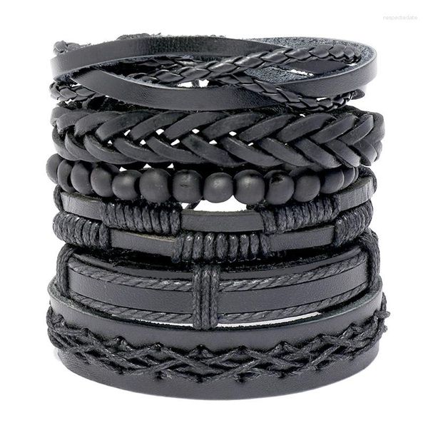 Bangle 6 pièces/ensemble Bracelets tissés à la main ethnique Tribal perles de bois mâle tressé noir véritable Bracelets en cuir de vachette bracelet bijoux