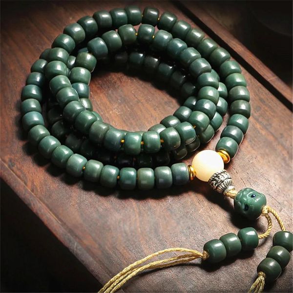Bracelet 7 * 9mm Original naturel vert Bodhi graine 108 perles Mala Bracelet bouddha charme long gland pull chaîne prière Yoga collier
