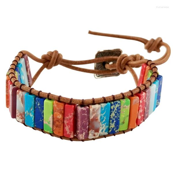 Brazalete 7 MultiColor Chakra Pulsera de piedra natural Bohemia Cuentas hechas a mano Envoltura de cuero Yoga para regalo de mujer