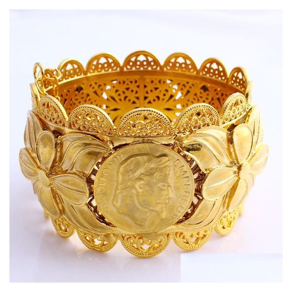 Brazalete 70Mm moneda etíope moda gran ancho tallado 22K tailandés Baht oro sólido Gf Dubai cobre joyería Eritrea pulsera accesorios gota Dhds4