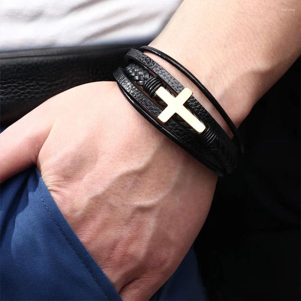 Brazalete de 8,19 pulgadas de múltiples capas de cuero trenzado cruzado pulseras de surfista para hombres pulsera de cierre magnético de acero inoxidable