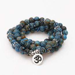 Bangle 8mm Blauw Malachiet Stenen Kralen Multi-layer Kronkelende Armband 108 Mala Gebed Boeddha Armband voor Vrouwen mannen 230620