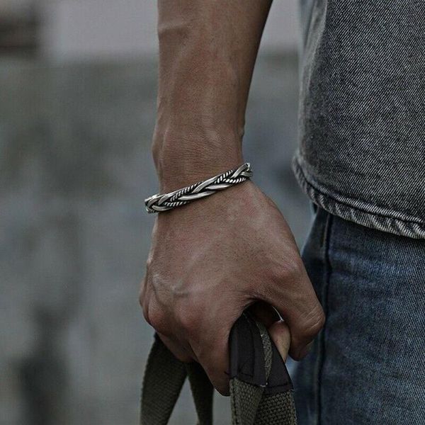 Brazalete de plata de ley 925 para hombre, pulsera hecha a mano con puño abierto, joyería de moda tailandesa, regalo 264k