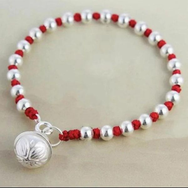 Brazalete de cuentas de plata esterlina 925, brazaletes para mujer, joyería fina hecha a mano, pulsera con abalorio de campana de hilo rojo para boda