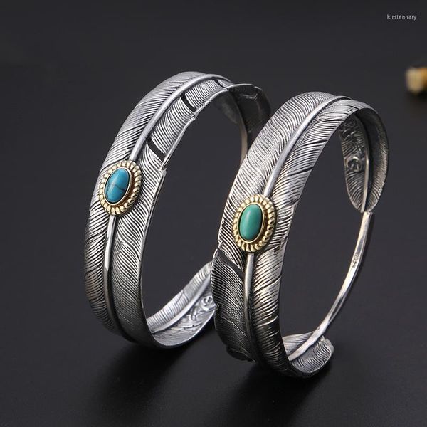 Bracelet en argent sterling 925 en forme de plume Bracelet ouvert Thai Bangles Puck Classic Blue Green Stone Jewelry