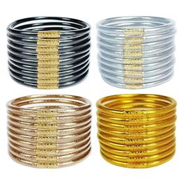 Bangle 9pc Brillant Glitter Empilable Jelly Tube Bracelets En Plastique Bracelets Ensemble pour Femmes Rempli Silicone Léger Poignet Filles Cadeau 231204