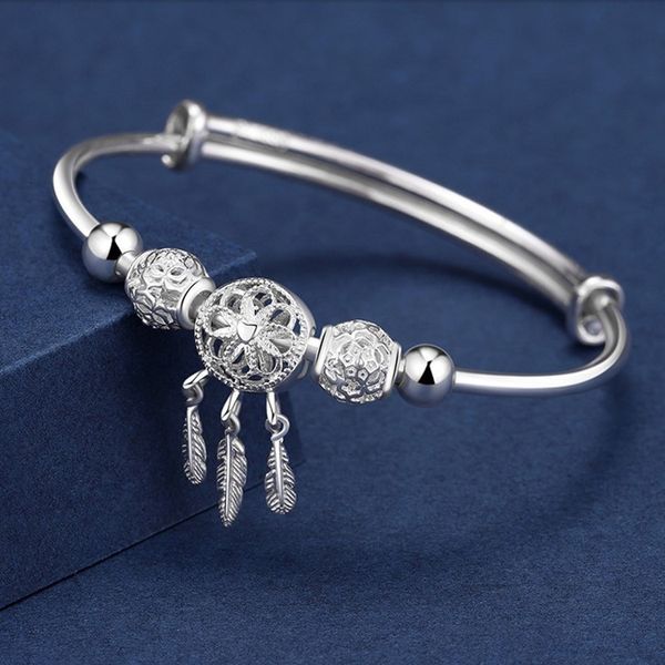 Bracelet taille réglable 925 argent couleur manchette attrape-rêves gland plume ronde perle bracelet à breloques bijoux pour femmes mariage 230424