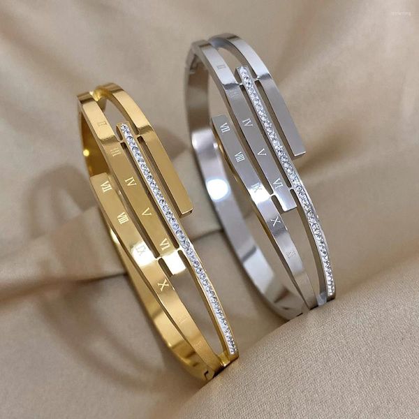 Brazalete AENSOA 316L Acero inoxidable Intersect Inliad Números romanos Brazaletes Pulseras para mujeres Diseño Joyería impermeable