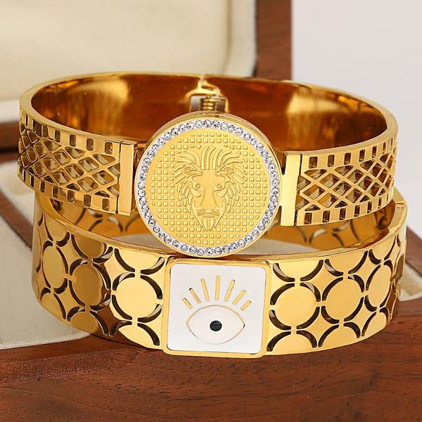 Brazalete AENSOA Chunky Portrait Coin Brazaletes anchos de acero inoxidable Pulseras para mujer Chapado en oro con incrustaciones de diamantes de imitación