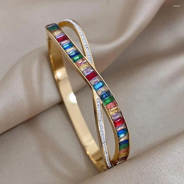 Bangle Aensoa Fashion Cross Artificiel incrusté coloré Zirconia Bracelet en acier inoxydable Personnalité imperméable Y2K