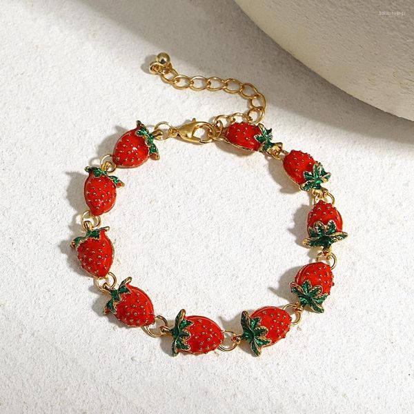 Bracelet AENSOA Belle Doux Émail Rouge Fraise Charme Bracelet Bracelets Peinture Fruits Bracelets Pour Femmes Réglable Partie Bijoux