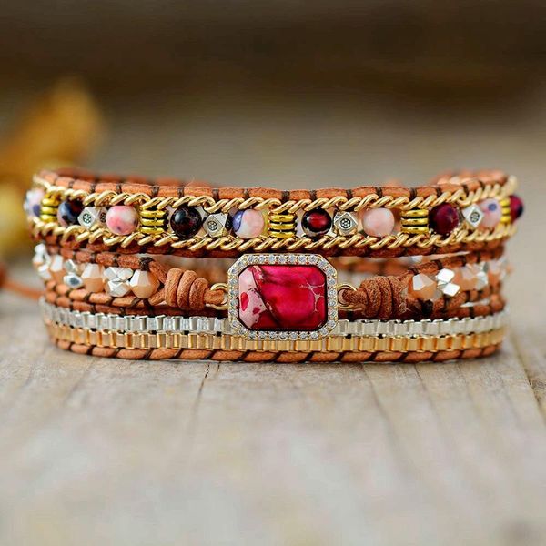 Bracelet esthétique 3 brins rouge carré sédiments de mer jaspe pierres naturelles envelopper bracelet perlé femmes soeurs bohême Bijoux Bijoux