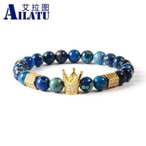 Bracelet Ailatu 10 pièces bijoux pour hommes puissants en gros 8mm perles de pierre de sédiment de mer bleue clair CZ bouchons de couronne impériale Bracelets