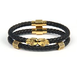 Bangle Ailatu 5 Conjuntos Moda Homens Jóias Preto Trançado Couro Duplo Legal Crânio Pulseiras Pulseira Masculina de Aço Inoxidável