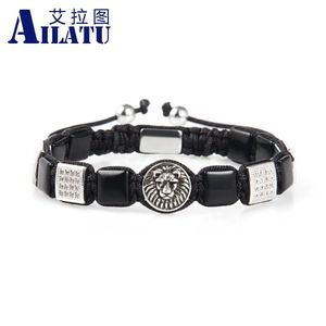 Brazalete Ailatu moda antigua plata cabeza de león macramé pulseras natural negro ónix piedra cuadrada joyería ajustable de alta calidad