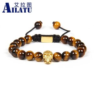 Bracelet Ailatu hommes Bracelet en acier inoxydable crâne macramé Bracelet ne se décolore pas avec 10 pièces/lot 8mm perles de pierre d'oeil de tigre jaune