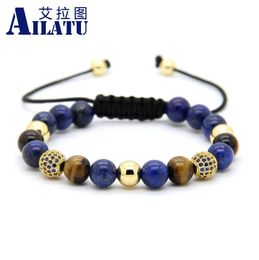 Bracelet Ailatu bijoux pour hommes en gros 10 pièces/lot 8mm perles de pierre Lapis 9mm Micro pavé bleu Cz boule macramé Bracelet de tressage