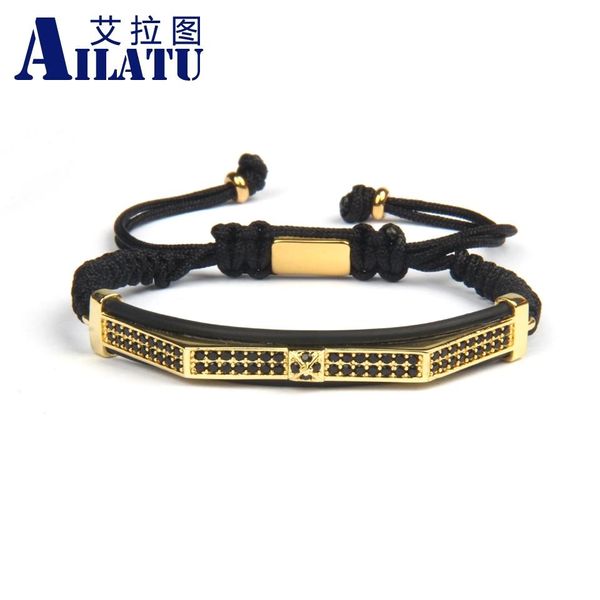 Brazalete Ailatu nueva moda de lujo joyería para hombre Micro pavé negro Cz pirámide doble tubo largo reloj Protector pulseras de macramé cuerda