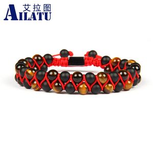 Bangle Ailatu Nieuwe Mannen Armband Dubbele Kralen 6mm Tijgeroog Matte Onyx Stenen Kralen Vriendschap Rode Draad Vlechten Armbanden