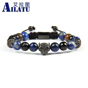 Bracelet Ailatu nouveau Micro Pave noir Cz panthère léopard macramé Bracelets avec 8mm perles de Bronzite naturelle bijoux en acier inoxydable