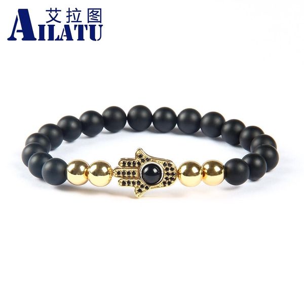 Bracelet ailatu bijou puissant en gros de 8 mm mate onyx pierre avec bracelet perlé à la main fatima noire fatima hamsa