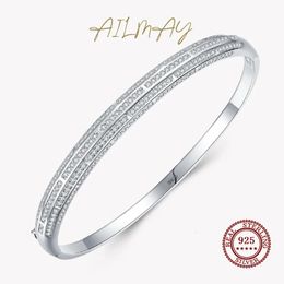 Brazalete Ailmay Genuine 925 Sterling Silver Classic Luxury Round Clear CZ Pulseras para mujeres Accesorios de boda Joyería 231219