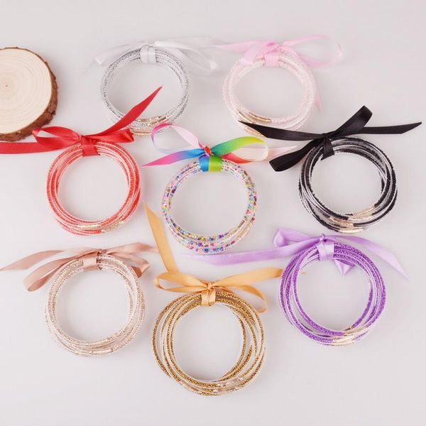 Bracelet All Weather Bangles Stack Perles en plastique de silicone Jelly Bracelet pour les femmes Remplir la poudre d'or Bowknot Amitié Glitter BanglesBangle