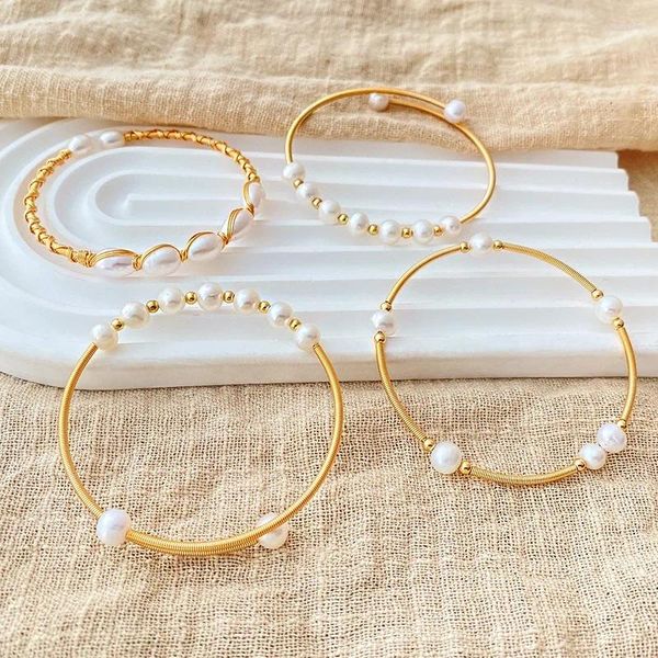 Brazalete ALLME Dainty 18K Real chapado en oro latón trenzado natural perla de agua dulce hilo con cuentas brazaletes ajustables para mujer Mujer