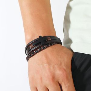 Brazalete Pulsera de aleación Cuero Hombres Cruz negra Cierre magnético Multicapa Tejido simple Uso diario Regalo de Navidad