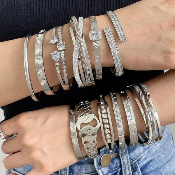 Brazalete ALLYES Punk Geométrico Con Incrustaciones Pulsera De Diamantes De Imitación Para Mujeres Hombres Acero Inoxidable Pulseras De Color Plata Brazaletes Joyería De Moda