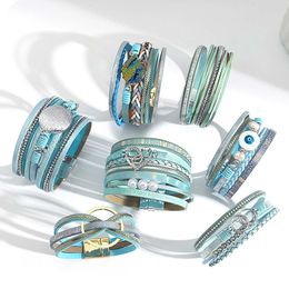 Bracelet Amorcome Boho Bracelets en cuir bleu pour femme Mode Coeur Charme Multicouche Large Wrap Bracelets Femme Bijoux Cadeau 230926