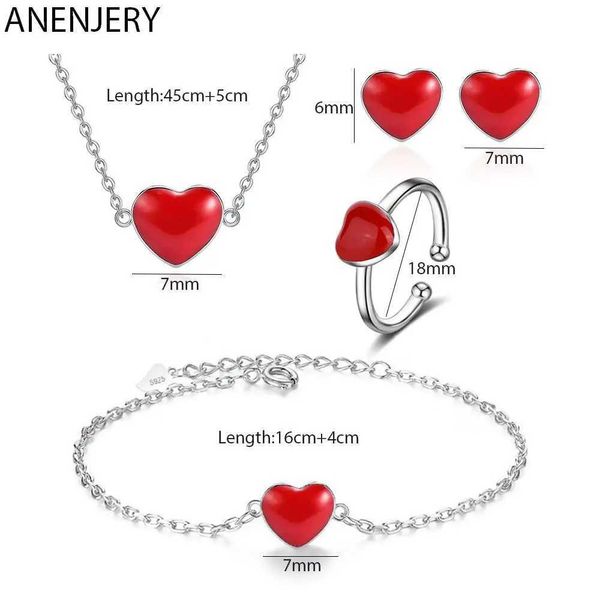 Brazalete ANENJERY Color plata Simple corazón rojo collar/pendientes/anillo/pulsera para mujer niña conjuntos de joyería 240125
