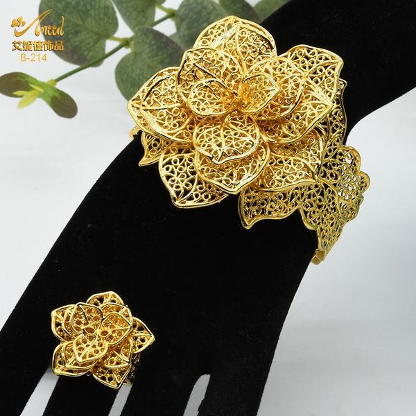 Bracelet ANIID Dubaï Fleur Plaqué Or Bracelets Avec Anneaux Pour Femmes Nigérian Mariée Manchette Bracelet Femme Bijoux De Mariage Cadeaux En Gros