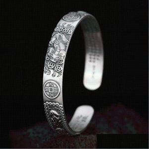 Bangle Antique Sier Color Pixiu Scpture Vintage Sutra Lucky Heart Hanger Bracelet Punk Men Boys Feature Charm Jewelry GiftBa Dh5y6