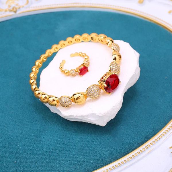 Bracelet de mariée arabe, ensemble de bijoux pour femmes, bague plaquée or, pierres précieuses artificielles, cadeau pour femme, Bracelets de Couple