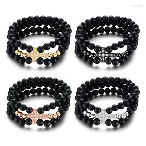 Bracelet d'arrivée de bracelet pour les hommes triple réglable avec la pile croisée de CZ dans le religieux noir perlé élégant