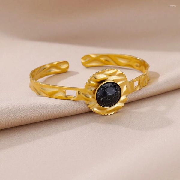 Bracelet en pierre noire artificielle pour femmes, manchette en acier inoxydable, accessoires de bijoux Vintage