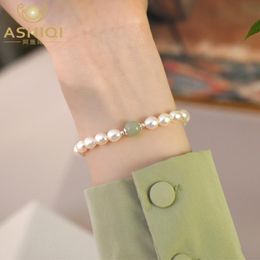 Bangle ASHIQI Natuurlijke Nefriet Zoetwaterparel 925 Sterling Zilver Elastisch Touw Armband Mode-sieraden voor Vrouwen