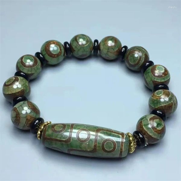 Subasta de brazalete de ágata natural y calcedonia verde tres ojos nueve pulsera de cuentas celestiales antiguas cubo redondo para hombres