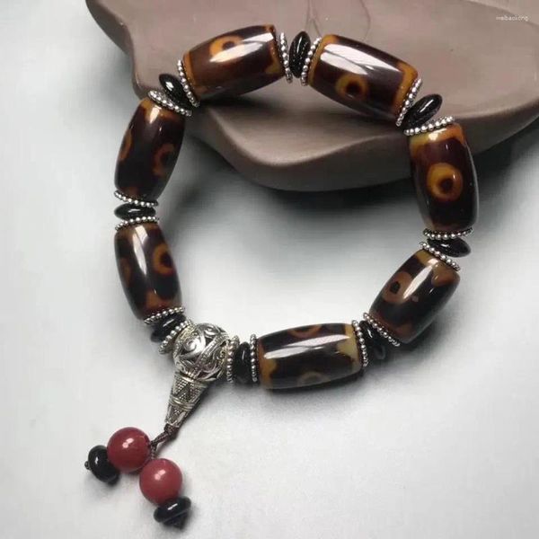 Vente aux enchères de bracelets d'agate naturelle, perles célestes à trois yeux, bracelet tête de Bouddha en argent tibétain avec perles de seau de style ethnique rétro pour hommes