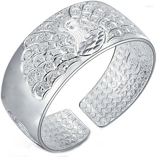 Brazalete Pulsera Auspicioso Pantalla Abierta Flor Tallada Plata Esterlina Bngle Ssilver S999 Pavo Real Loto