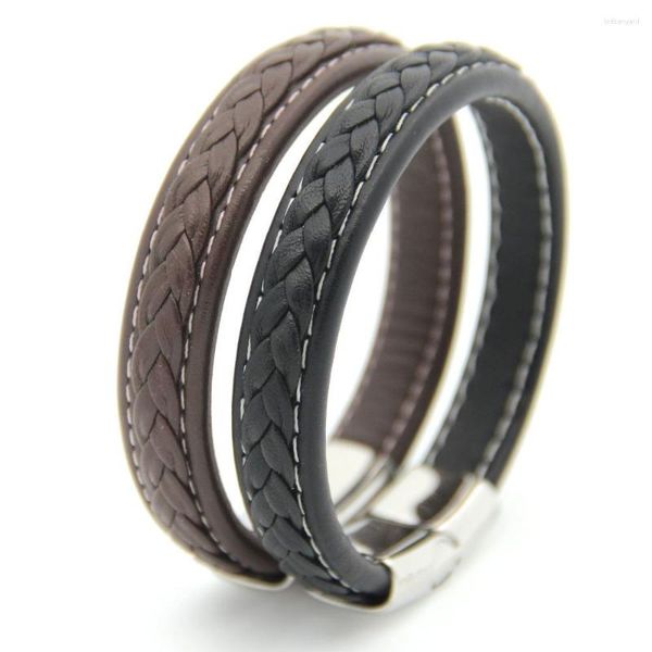 Brazalete Austyn Pulseras de acero inoxidable Brazaletes Regalo para hombres Cuero genuino negro Cierre magnético tejido para hombres Joyería de moda