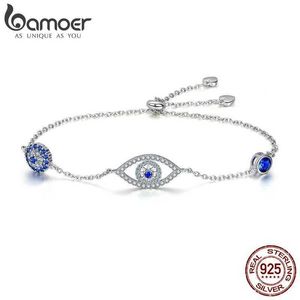 Bangle Bamoer% 925 STERLING Silver Blue Zircon Evil Eye Guardian Chain Womens Gift Exquis Bijoux SCB089 Q240506