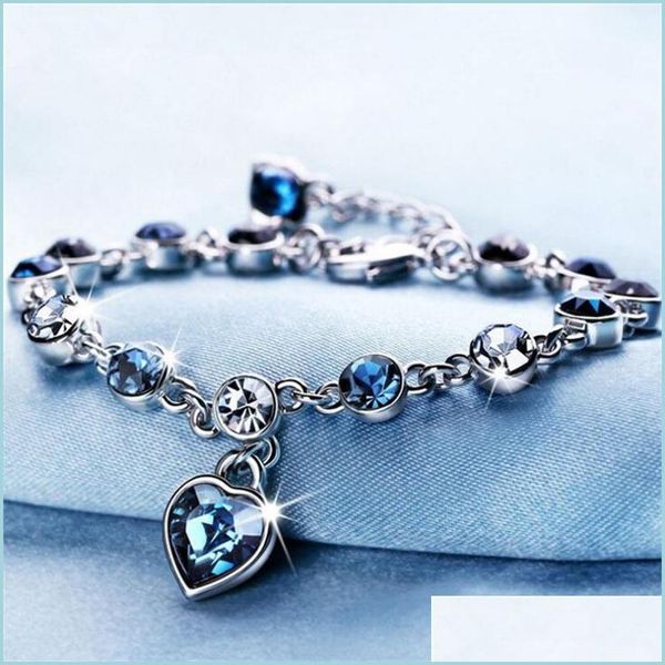 Bracelet Bracelet Bracelets Bijoux Drop Livraison 2021 Coeur d'Océan Bleu Zircon Charms Amour Diamant Filles Cadeau Gioielli Wom Dhseller2010 Dh4Oh