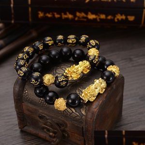 Bangle Bangle Feng Shui Obsidian Stone kralen Bracetten Men Vrouwen unisex polsband goud zwart pixiu rijkdom en veel geluk dhseller2010 dhnhk