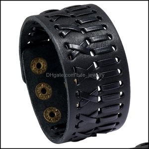 Brazalete Brazalete Jessingshow Marrón y negro Ancho Cuero genuino Hombre Pulsera Vintage Punk Mujeres Wrap Pulseras de muñeca en joyería de mano Dh467