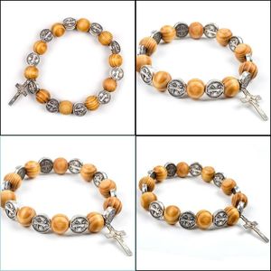 Brazalete Brazalete Komi Madera Sólida Natural Alambre Elástico Aleación Santo Rosario Religioso Pulsera Hombres Mujeres Católico Jesucristo Joyería Pse Dh2T6